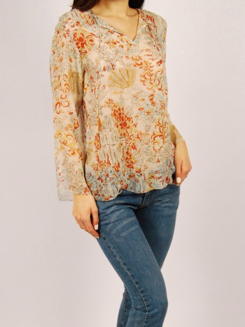 CAbi Light Beige Floral V-Neck Blouse with Orange Accents